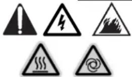 Warning symbols including exclamation, lightning, landslide, thermal hazard, and spiral warning