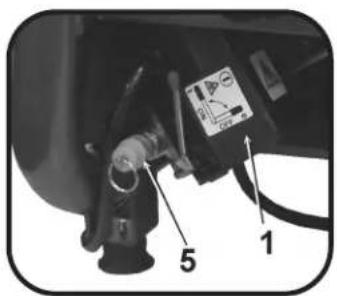 Close-up of a mechanical component with numbered parts labeled 1, 5, and a control panel showing a symbol.