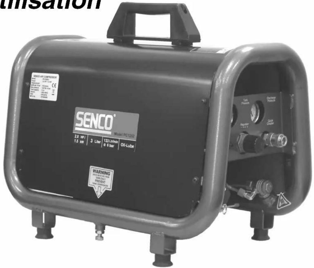 SENCO AIR COMPRESSION Senco Air Compressor Model PC1252 2.0 HPJ 3 Liter 133 L/min Oil-Lube 1.5 kW 6 Bar Regulator Quick Copper Turb Pressure Pressure Pressure Warning MAX SWITCH PER 300 MHz PREVENT MAX SWITCH