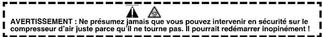 AVERTISSEMENT : Ne présumez jamais que vous pouvez intervenir en sécurité sur le compresseur d'air juste parce qu'il ne tourne pas. Il pourrait redémarrer inopinément !