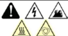 Warning symbols including exclamation mark, lightning bolt, smoke, and spiral warning symbol
