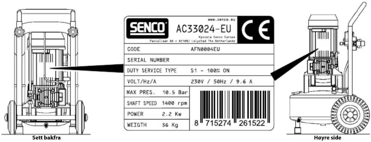 www.senco.eu SENCO® AC33024-EU CE Kyocera Senco Europe Pascallaan 68 - 8210NJ (elystad The Netherlands) CODE AFN0004EU SERIAL NUMBER DUTY SERVICE TYPE S1 - 100% ON VOLT/Hz/A 230V / 50Hz / 9.6 A MAX PRES. 10.5 Bar SHAFT SPEED 1400 rpm POWER 2.2 Kw WEIGTH 36 Kg 8 715274 261522 Høyre side Sett bakfra
