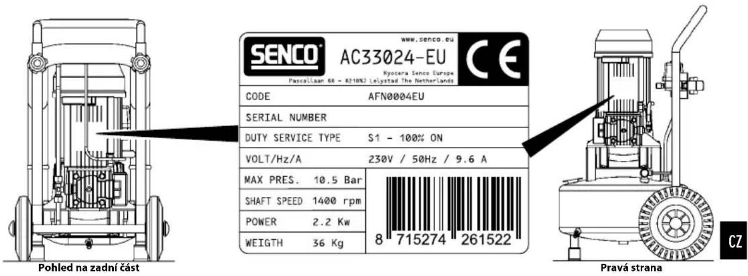SENCO® www.senco.eu AC33024-EU Kyocera Senco Europe Pascillaan 68 - 6210N2 Lelystad The Netherlands CODE AFN0004EU SERIAL NUMBER DUTY SERVICE TYPE S1 - 100% ON VOLT/Hz/A 230V / 50Hz / 9.6 A MAX PRES. 10.5 Bar SHAFT SPEED 1400 rpm POWER 2.2 Kw WEIGTH 36 Kg 8 715274 261522 Pravá strana CZ Pohled na zadní část