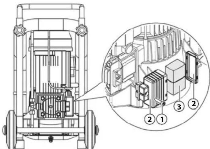 Technical diagram of a mechanical device with numbered components and an inset view highlighting internal structure.