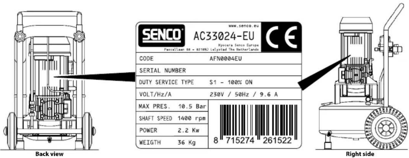 SENCO® www.senco.eu AC33024-EU CE Pascallaan 88 - 8210NJ Lelystad The Netherlands CODE AFN0004EU SERIAL NUMBER DUTY SERVICE TYPE S1 - 100% ON VOLT/Hz/A 230V / 50Hz / 9.6 A MAX PRES. 10.5 Bar SHAFT SPEED 1400 rpm POWER 2.2 Kw WEIGTH 36 Kg 8 715274 261522 Back view Right side