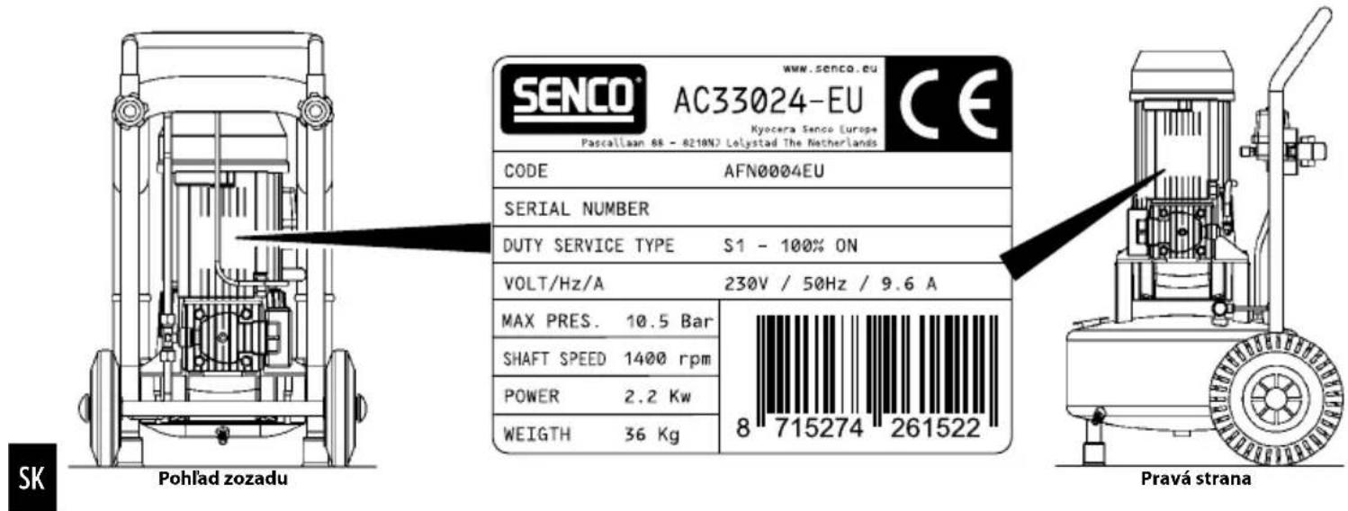 SENCO® www.senco.eu AC33024-EU CE Kyocera Senco Europe Pascillaan 68 - 6210% Lolystad The Netherlands CODE AFN0004EU SERIAL NUMBER DUTY SERVICE TYPE S1 - 100% ON VOLT/Hz/A 230V / 50Hz / 9.6 A MAX PRES. 10.5 Bar SHAFT SPEED 1400 rpm POWER 2.2 Kw WEIGTH 36 Kg 8 715274 261522 Pravá strana SK Pohlad zozadu