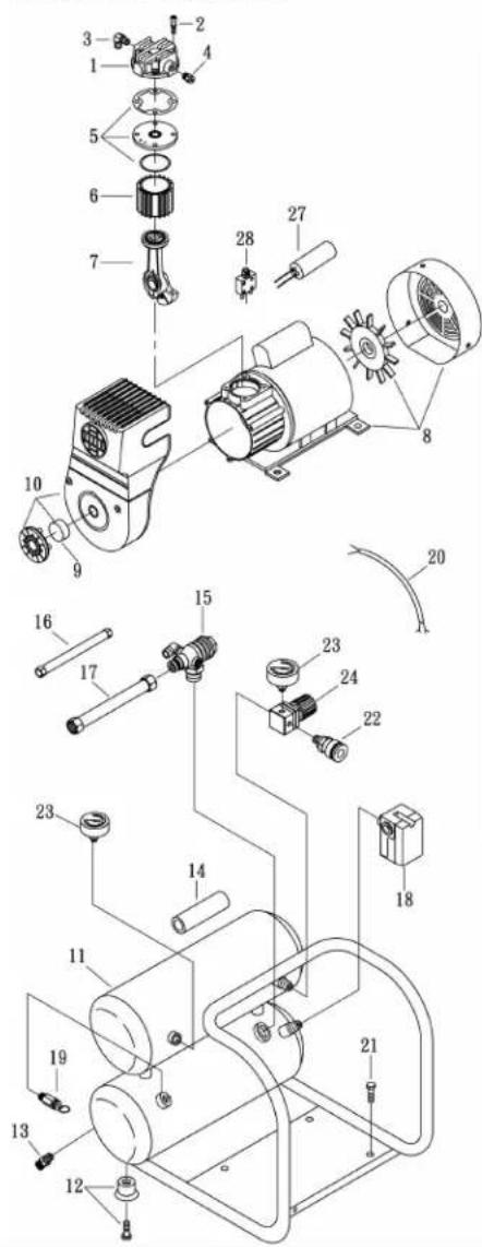 Exploded view diagram of an electric motor assembly with numbered components for identification