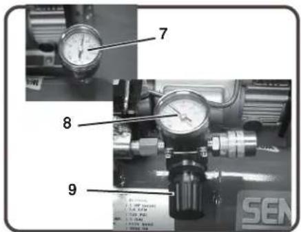 Technical diagram showing labeled components of a mechanical or industrial device, including gauges and valves with numbered annotations.
