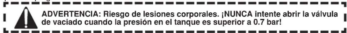 ADVERTENCIA: Riesgo de lesiones corporales. ¡NUNCA intente abrir la válvula de vaciado cuando la presión en el tanque es superior a 0.7 bar!