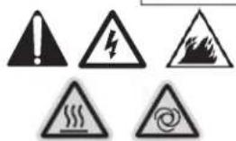 Warning symbols including exclamation, lightning bolt, landslide, and spiral warning signs