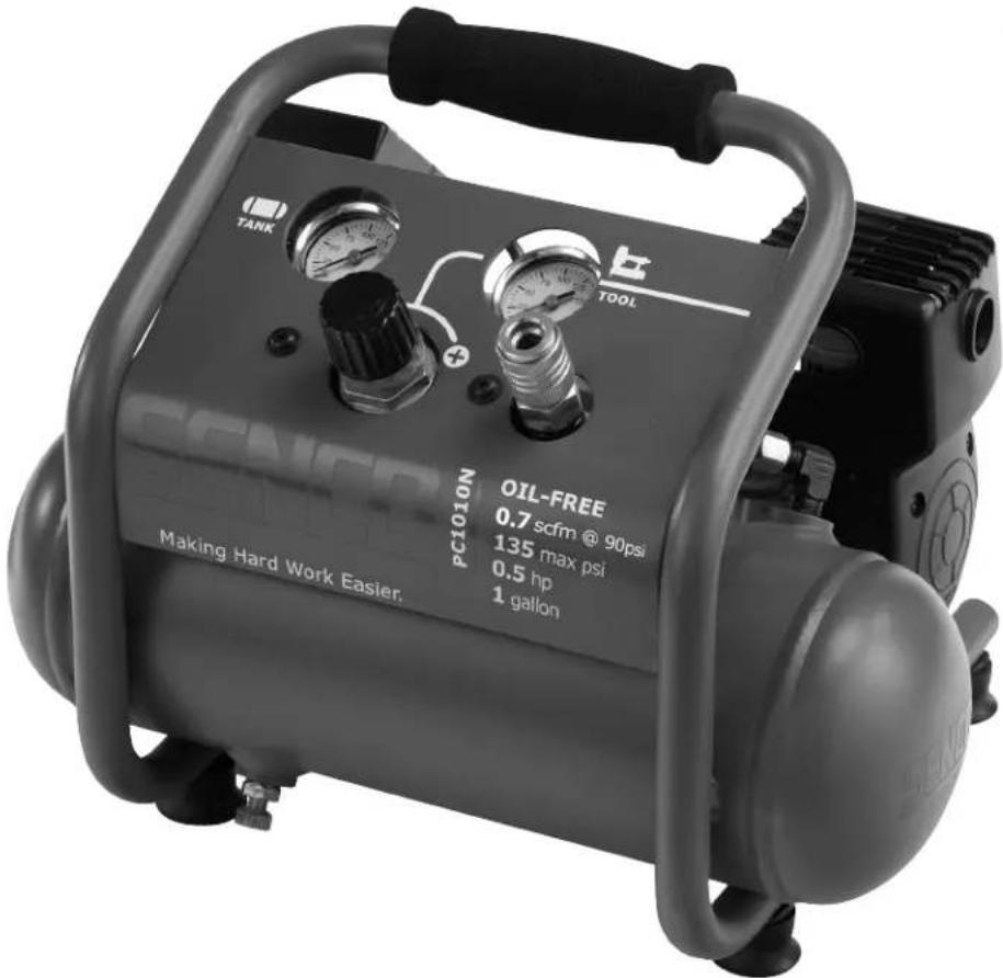 TANK TOOL PC1010N OIL-FREE 0.7 scfm @ 90psi 135 max psi 0.5 hp 1 gallon Making Hard Work Easier.