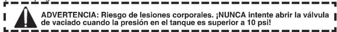 ADVERTENCIA: Riesgo de lesiones corporales. ¡NUNCA intente abrir la válvula de vaciado cuando la presión en el tanque es superior a 10 psi!