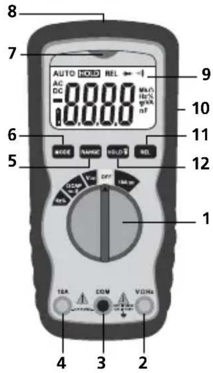 8 7 AUTO HOURS REL AC DC 0.000 MaΩ -10.000 Hz 9 10 6 5 MODE RANGE HOLD NO. 12 1 4 COM OFF 1mA 3A COM VDHz