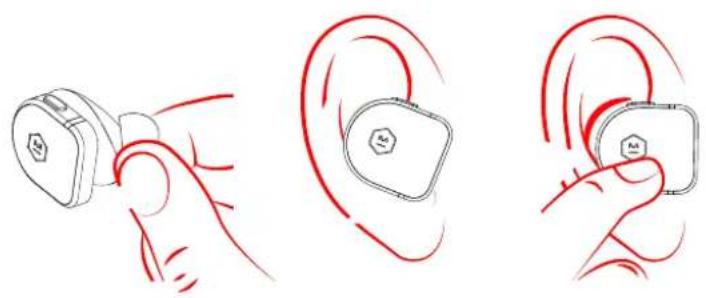 Illustration showing three stages of a hand holding an ear with a device, labeled with 'No' and 'Yes' symbols.