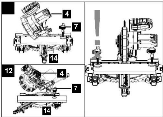 Technical diagram showing mechanical assembly with numbered components and a warning symbol in the final view.