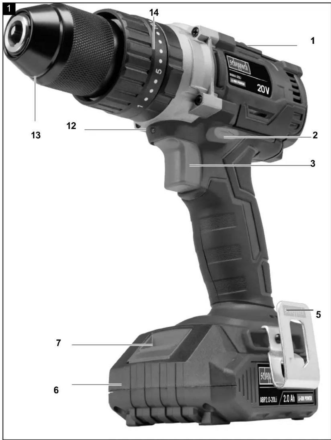 1 Scheppach 20V ABP2.0-20Li 2.0 Ah U-HON POWER 14 13 12 2 3 5 7 6