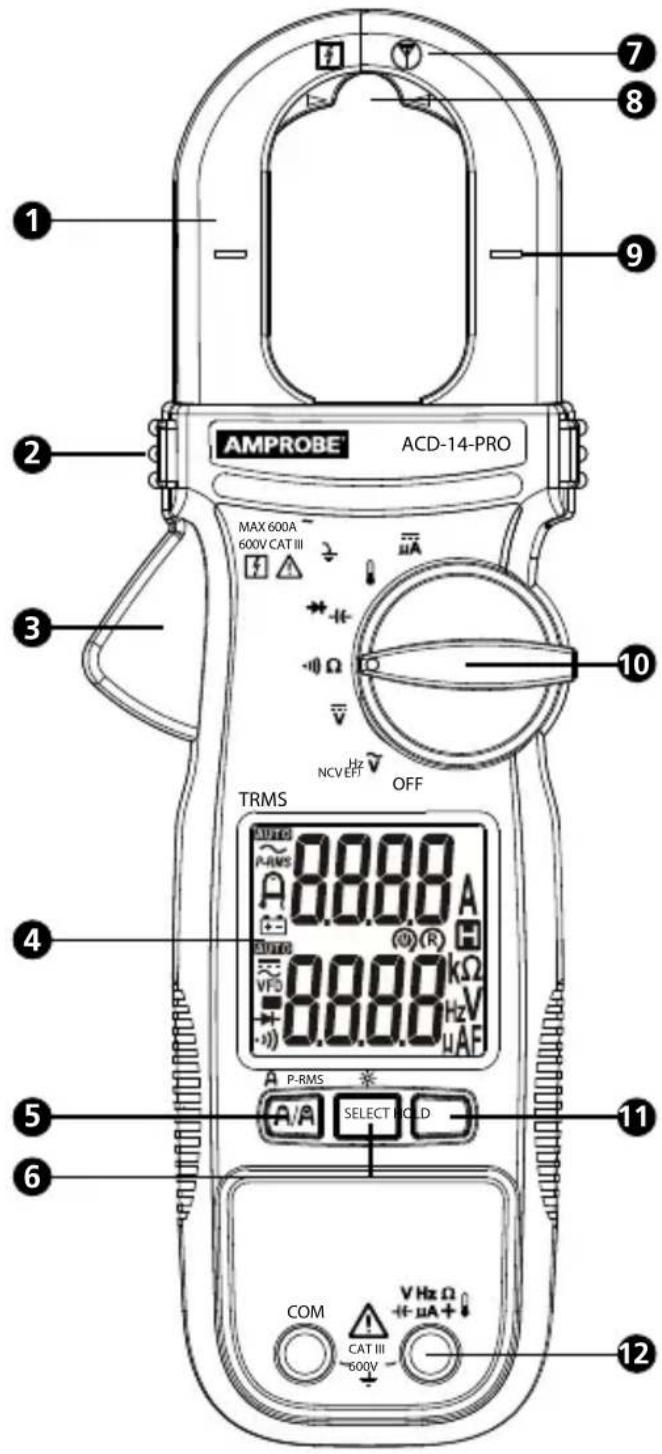 AMPROBE ACD-14-PRO MAX 600A 600V CAT III TRMS 8.888A 8.888kΩ Hz V μAF NCVEFF OFF P-RMS SELECT HOLD COM V Hz Ω + μA + CAT III 600V 12 1 2 3 4 5 6 7 8 9