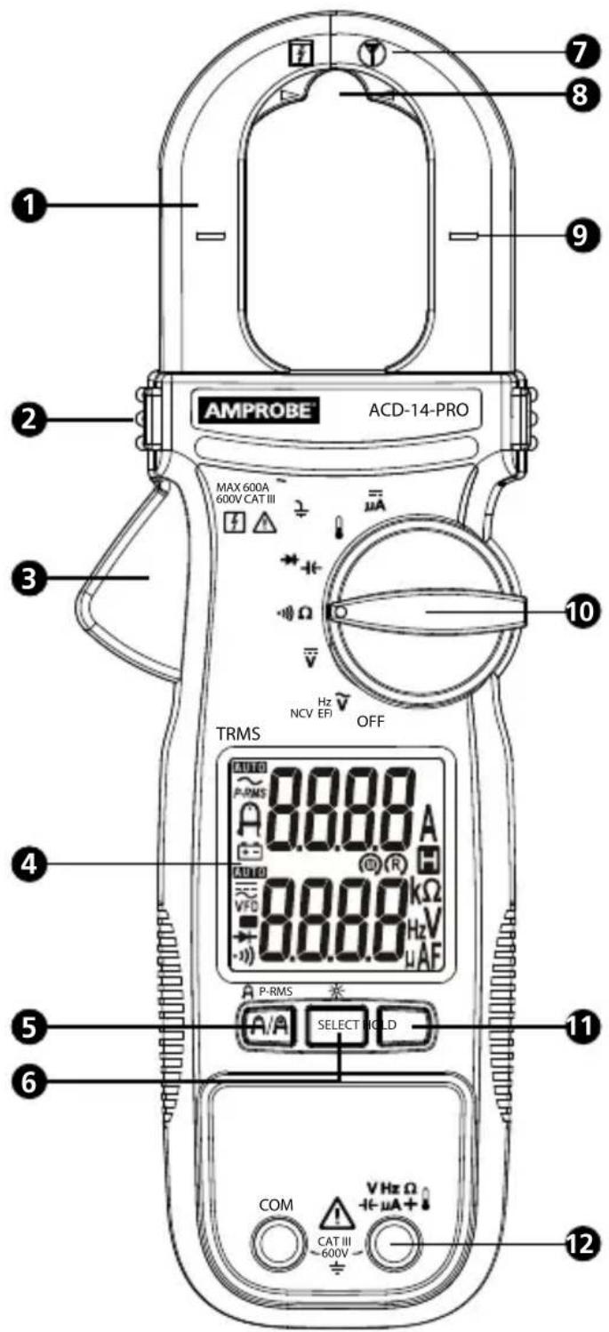 AMPROBE ACD-14-PRO MAX 600A 600V CAT III TRMS OFF NCV EF Hz P-RMS SELECT HOLD COM V Hz Ω -1k μA+ CAT III -600V 1 2 3 4 5 6 7 8 9 10 11