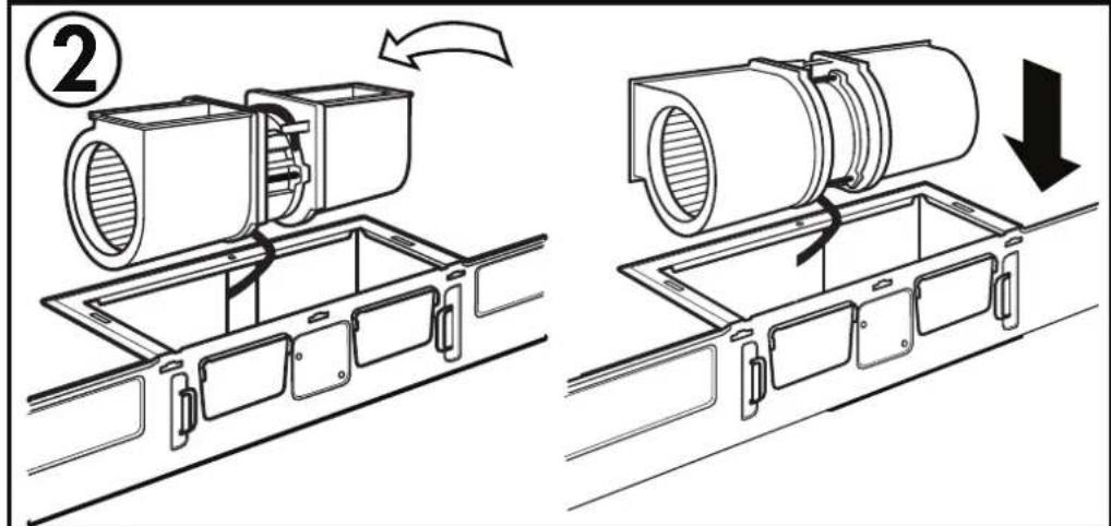 Technical diagram showing two mechanical assembly steps with labeled components and directional arrows indicating motion or assembly.