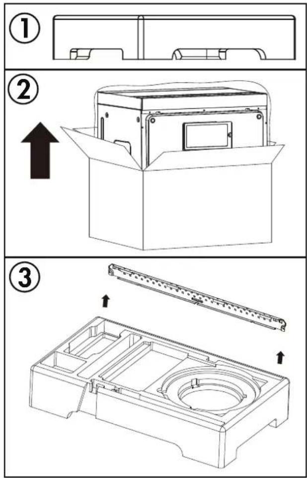 Technical diagram showing three-step assembly steps of a mechanical device, with numbered annotations and directional arrows.