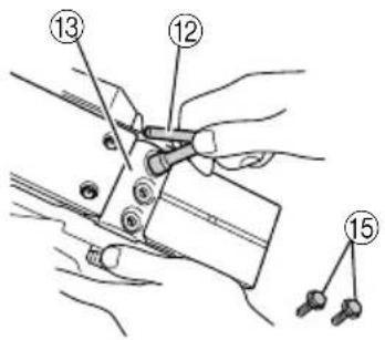 Technical diagram showing a hand operating a tool with numbered parts labeled 12, 13, and 15.