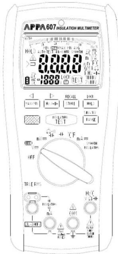 APPA 607 INSULATION MULTIMETER HOLD & TO TEST T4-0 HFE SMOOTH >1888 LOCK TEST ΔT -1888 MAX VEN FECALL STONE LOD HOLD HOLD-TRN TEST 210-3V RANGE OFF + + + °C F + + + SMOOTH INSUL-TIN TRILE RMS H2T VΩ-+