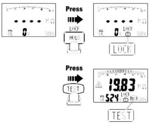 Press LOCK HOLD Press TEST 19.83 MΩ 524 500V MΩ 500V LOCK TEST