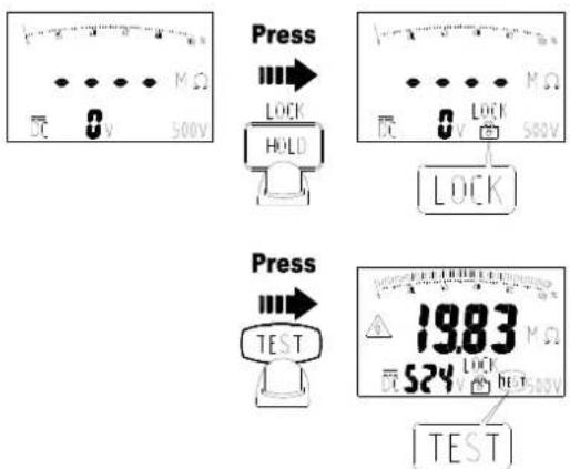 Press LOCK HOLD Press TEST 19.83 MΩ 524 LCK 500V TEST
