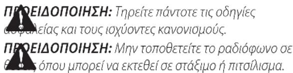 ΠΡΟΕΙΔΟΠΟΙΗΣΗ: Τηρείτε πάντοτε τις οδηγίες αφαλείας και τους ιοχύοντες κανονιομούς. ΠΡΟΕΙΔΟΠΟΙΗΣΗ: Μην τοποθετείτε το ραδιόφωνο σε θέσεις όπου μπορεί να εκτεθεί σε στάξιμο ή πιτοίλισμα.