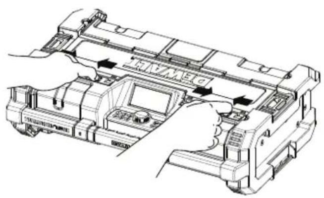 Technical diagram showing hands operating a device with labeled components and directional arrows indicating movement or assembly.