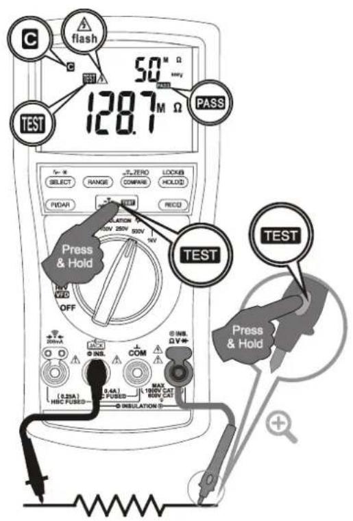 C flash 50 M Ω 128.7 M Ω PASS TEST SELECT RANGE COMPARE LOCKED PIDAR REC'D PRESS & HOLD OFF INSB COM MAX 190V CAT 190V CAT (5.35A) HBC FUSED INSULATION INB. Ω V + Press & Hold TEST Press & Hold