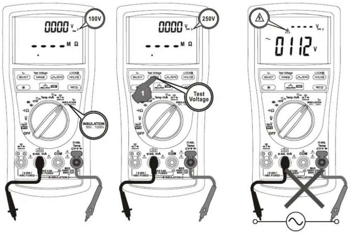 100V 0000 V M Ω 250V 0000 V M Ω ~ 0112 V Test Voltage 1 INSULATION 50V...1000V INSULATION 3.INS. Temp HV-0+- INSULATION (0.35A) HSC FUSED MAX 5.6A FUSED MAX 1000V CAT 800V CAT INSULATION (0.35A) HSC FUSED MAX 5.6A FUSED MAX 1000V CAT 800V CAT INSULATION (0.35A) HSC FUSED MAX 5.6A FUSED MAX 1000V CAT 800V CAT INSULATION