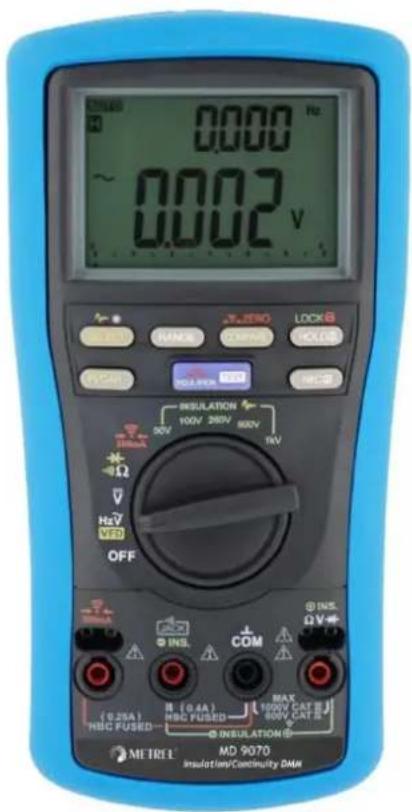 0.000 Hz ~ 0.002 V JL ZERO LOCK HANES POWER SOLDER OFF INSULATION 100V 260V 900V HV Ω V HeV RED OFF INSULATION (0.25A) MAX HRC FUSED 1000V CAT II 800V CAT II INSULATION (0.4A) HRC FUSED 1000V CAT II 800V CAT II METR1: MD 9070 Insulation/Continuity DAM