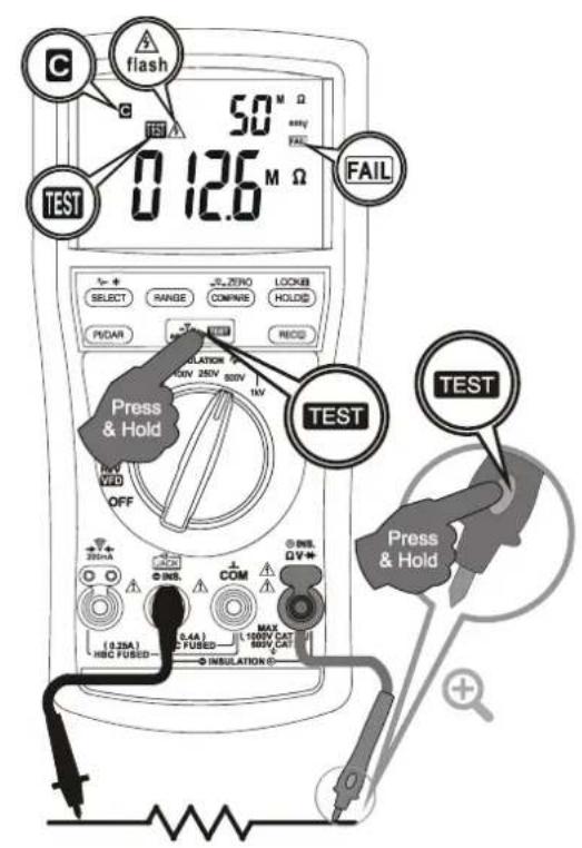 C flash 50 M Ω FAST 0 126 M Ω FAIL TEST SELECT RANGE ZERO LOCKB COMPRE HOLD PIDAR RECIS PICKER INTRODUCTION AVIATION 250V 500V 1kV OFF Press & Hold 1kV VED OFF TEST PRESS & HOLD MAX 1500V CAT 80W CAT HBC FUSED INSULATION