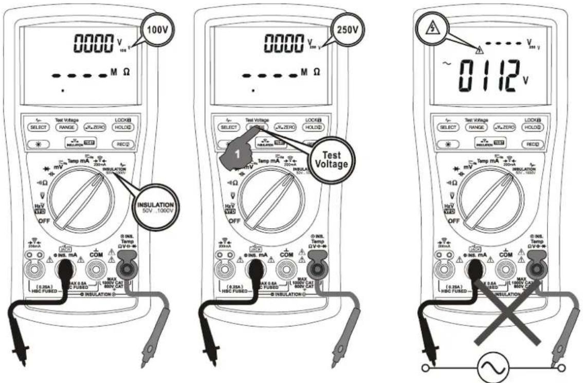 100V 0000 V M Ω 250V ~ 0112 V Test Voltage 1 Test Voltage Select Test Voltage RANGE ZERO LOCKB HOLD INSULATION 50V 1000V INSULATION 0.16A Temp mA 200V INSULATION 50V 1000V INSULATION 0.16A Temp mA 200V INSULATION 50V 1000V INSULATION 0.16A Temp mA 200V INSULATION 50V 1000V INSULATION 0.16A Temp mA 200V INSULATION 50V 1,000V INSULATION 0.16A Temp mA 200V INSULATION 50V 1,000V