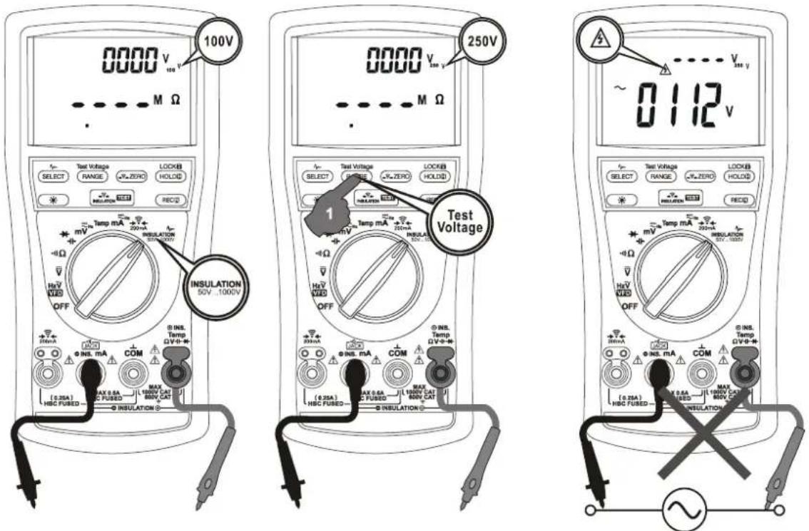 100V 0000 V M Ω 250V 0000 V M Ω ~ 0112 V Test Voltage 1 Test Voltage Select Test Voltage RANGE RANGE ZERO LOCKB HOLD HOLD INSULATION 50V 1000V INSULATION ± Ins. Tamp ± Zero ± Insulation ± Ins. mA ± Zero ± Insulation ± Insulation ± Insulation ± Insulation ± Insulation ± Insulation ± Insulation ± Insulation ± Insulation ± Insulation ± Insulation ± Insulation ± Insulation ± Insulation ± Insulation ± Insulation ± Insulation ± Insulation ± Insulation ± Insulation ± Insulation