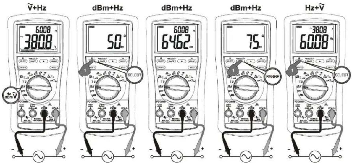 Metrel MD 9050 - dBm ^+Hz (for MD9050 only), Hz ^+ACV , ACV ^+Hz functions - 1