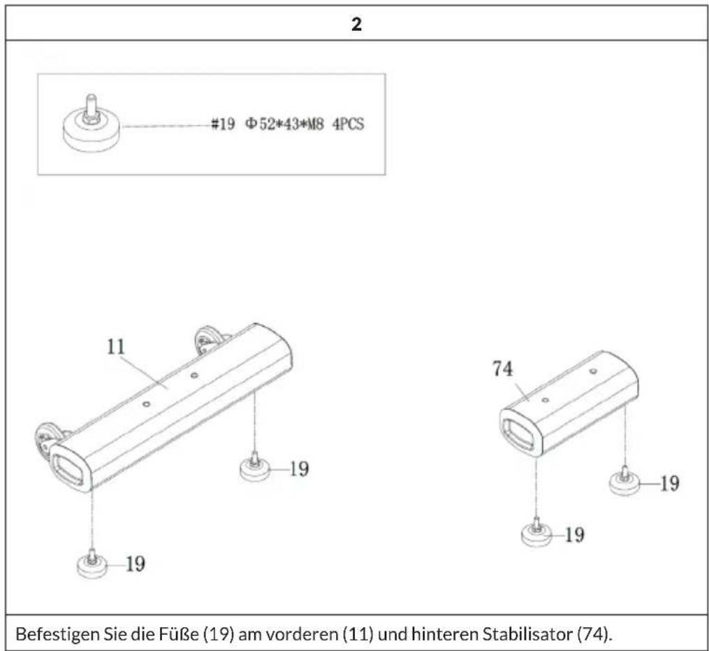 2 #19 Φ52*43*M8 4PCS 11 19 19 74 19 Befestigen Sie die Füße (19) am vorderen (11) und hinteren Stabilisator (74).