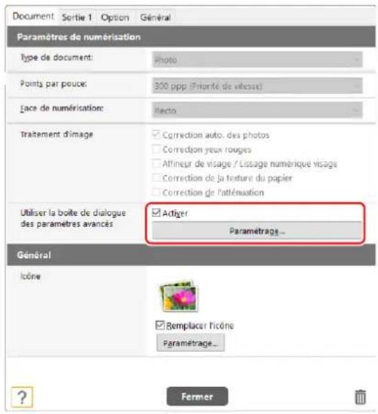 CANON imageFORMULA RS40 - Ouvrez l'onglet [Document], cochez la case [Activer] pour [Utiliser la boite de dialogue des paramètres avancés] et cliquez sur la touche [Paramétrage]. - 1