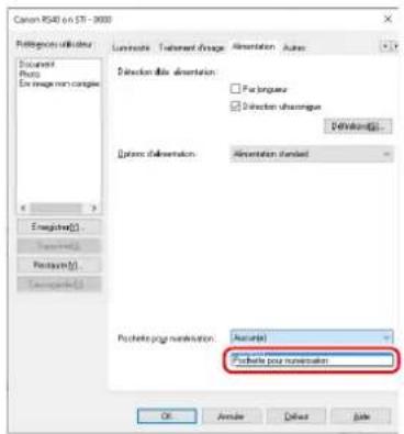 CANON imageFORMULA RS40 - Ouvrez l'onglet [Alimentation] et reglez [Pochette pour numérisation] sur [Pochette pour numérisation]. - 1