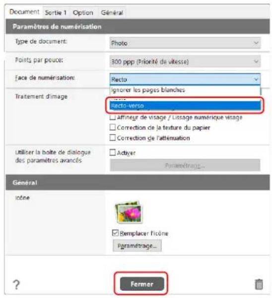 CANON imageFORMULA RS40 - Sélectionnez [Recto-verse] pour [Face de numérisation] et cliquez sur le bouton [Fermer]. - 1