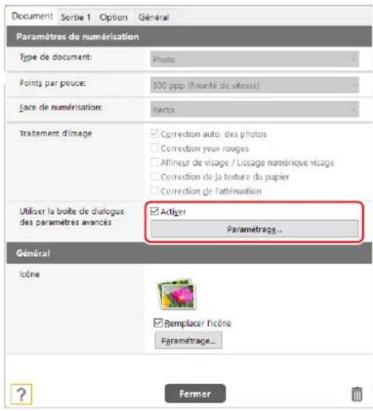CANON imageFORMULA RS40 - Ouvrez l'onglet [Document], cochez la case [Activer] pour [Utiliser la boite de dialogue des paramètres avancés] et cliquez sur la touche [Paramétrage]. - 1