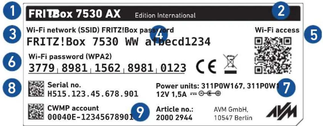 AVM FRITZ!Box 7530 AX - Données de l'appareil figurant sur son étiquette - 1