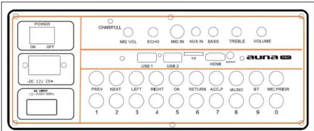 POWER ON OFF CHAR/FULL MIC VOL ECHO MIC IN AUX IN BASS TREBLE VOLUME -DC 12v IN+ USB 1 USB 2 TF HDMI auna SSD PREV NEXT LEFT RIGHT OK RETURN ACC,P MUSIC BT MIC PRIOR 1 2 3 4 5 6 7 8 9 0