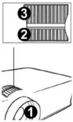 Diagram showing three labeled parts (①, ②, ③) with striped patterns and a close-up of a mechanical component.