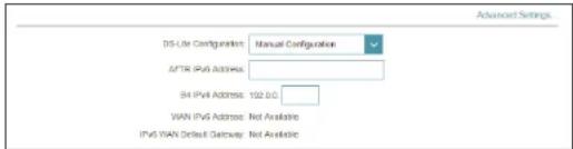 DS-Ue Configuration Manual Configuration ATR IPv4 Address B4 IPv4 Address 102.0G WAN IPv6 Address: Not Available IPv6 WAN Dirout Delivery: Not Available