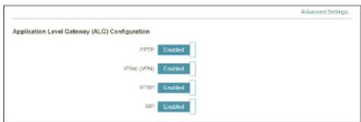 Application Level Gateway (ALG) Configuration PPTP Enabled IPSec (IPN) Enabled RTSP Enabled QSR Enabled
