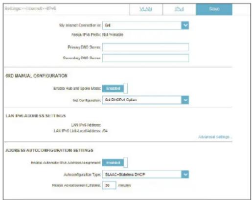 Settings=Internet=IPv6 VLAN iPod Save My Internet Connection in: Grid Attach IPv6 Prefix Not Instrable Primary DNS Server: Secondary DNS Server: 6RD MANUAL CONFIGURATION Enable Hub and Splice Audio: Enabled Grid Configuration: Grid Disk/IPv4 System LAN IPv6 ADDRESS SETTINGS LAN IPv6 Address: LAN IPv6 Link-Local Address: i64 ADDRESS AUTOC CONFIGURATION SETTINGS Enable Automate IPv6 Address Management: Limited Autoconfiguration Type: SLAAC+Statedes DHCP Radio Admersioner Listeners: 30 instakes