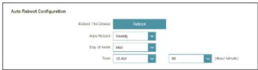 Auto Reboot Configuration Reboot The Device: Reboot Auto-Reboot Weekly Day of next: Max Time 12 Aar 00 (Hour Minute)