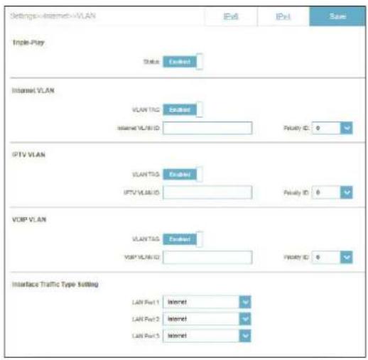 Settings=Internet=WLAN IPs1 IPs2 Save Triple-Play Status Enabled Internet VLAN VLAN TSG Enabled Internet VLAN ID: Privacy ID: 0 IPTV VLAN VLAN TSG Enabled IPTV VLAN ID: Privacy ID: 0 VOIP VLAN VLAN TSG Enabled VOIP VLAN ID: Privacy ID: 0 Interface Traffic Type Setting LAN Port 1 Internet LAN Port 2 Internet LAN Port 3 Internet